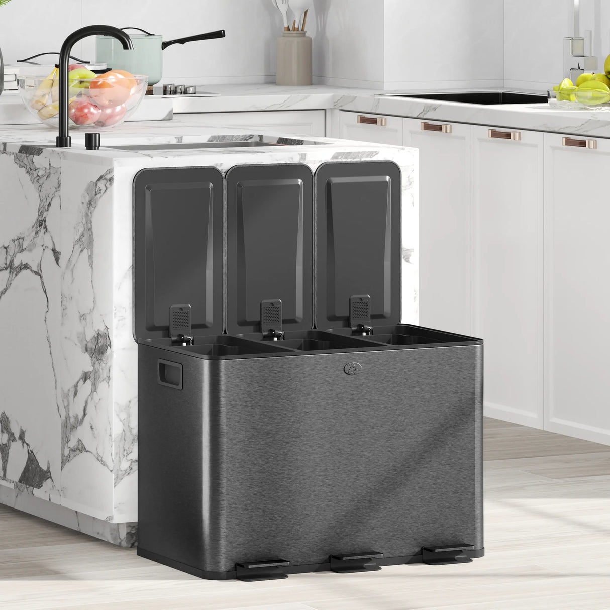 HOMCOM 3 x 20L Pedal Bin, Steel Triple Kitchen Bin with Soft Close Lid, Removable Inner Buckets, Fingerprint-Proof, Black