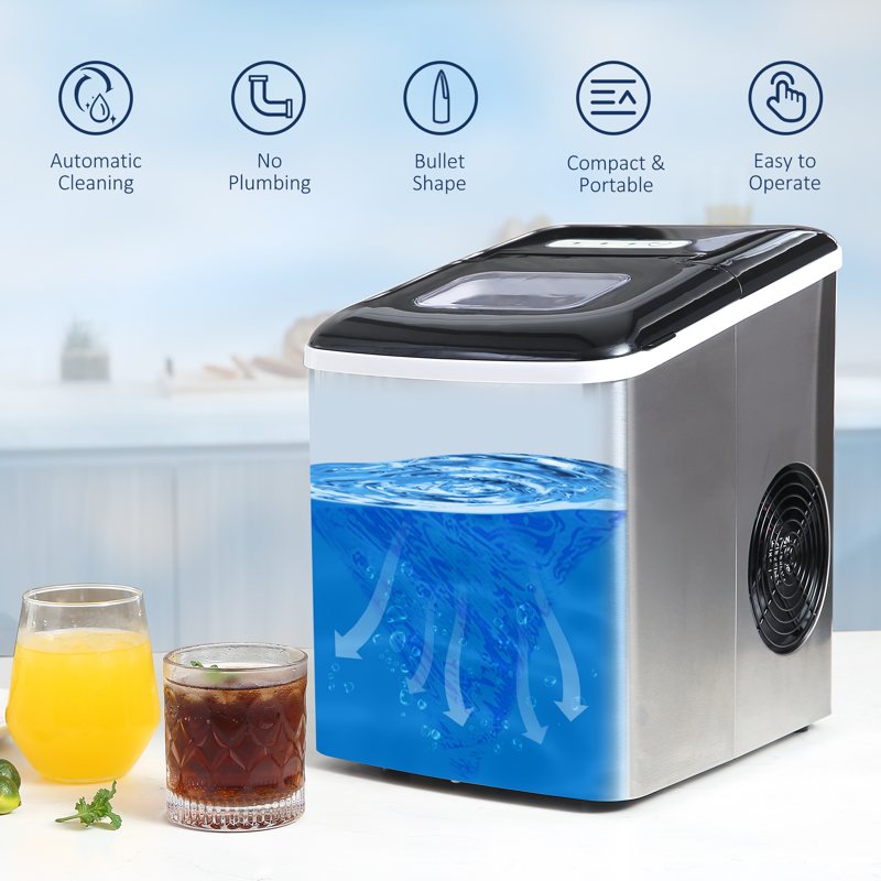 HOMCOM Ice Maker Machine, Counter Top Ice Cube Maker for Home, 9 Ice Cubes per 8 Minutes, 1.8L with Self Cleaning Function, Scoop and Basket Stainless Steel No Plumbing Required Black