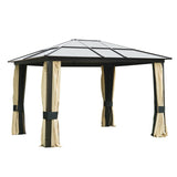 Outsunny 3 x 3.6(m) Hardtop Gazebo Canopy with Polycarbonate Roof and Aluminium Frame, Garden Pavilion with Mosquito Netting and Curtains, Brown