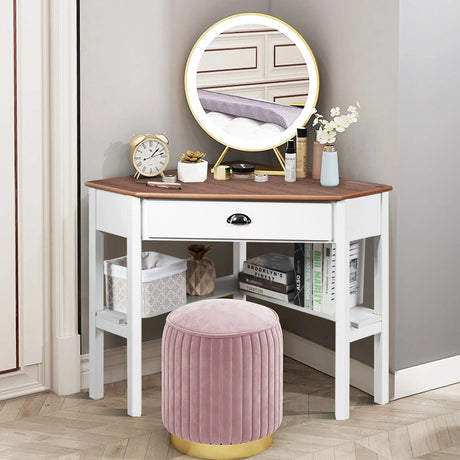 Corner Computer Desk with Drawer &amp; Shelves for Office Natural