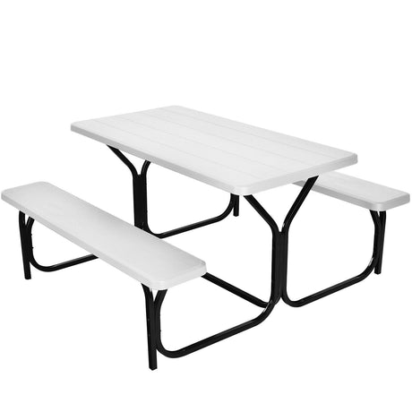 Picnic Table and Bench Set with Metal Frame and All Weather-resistant Surface for Backyard-White