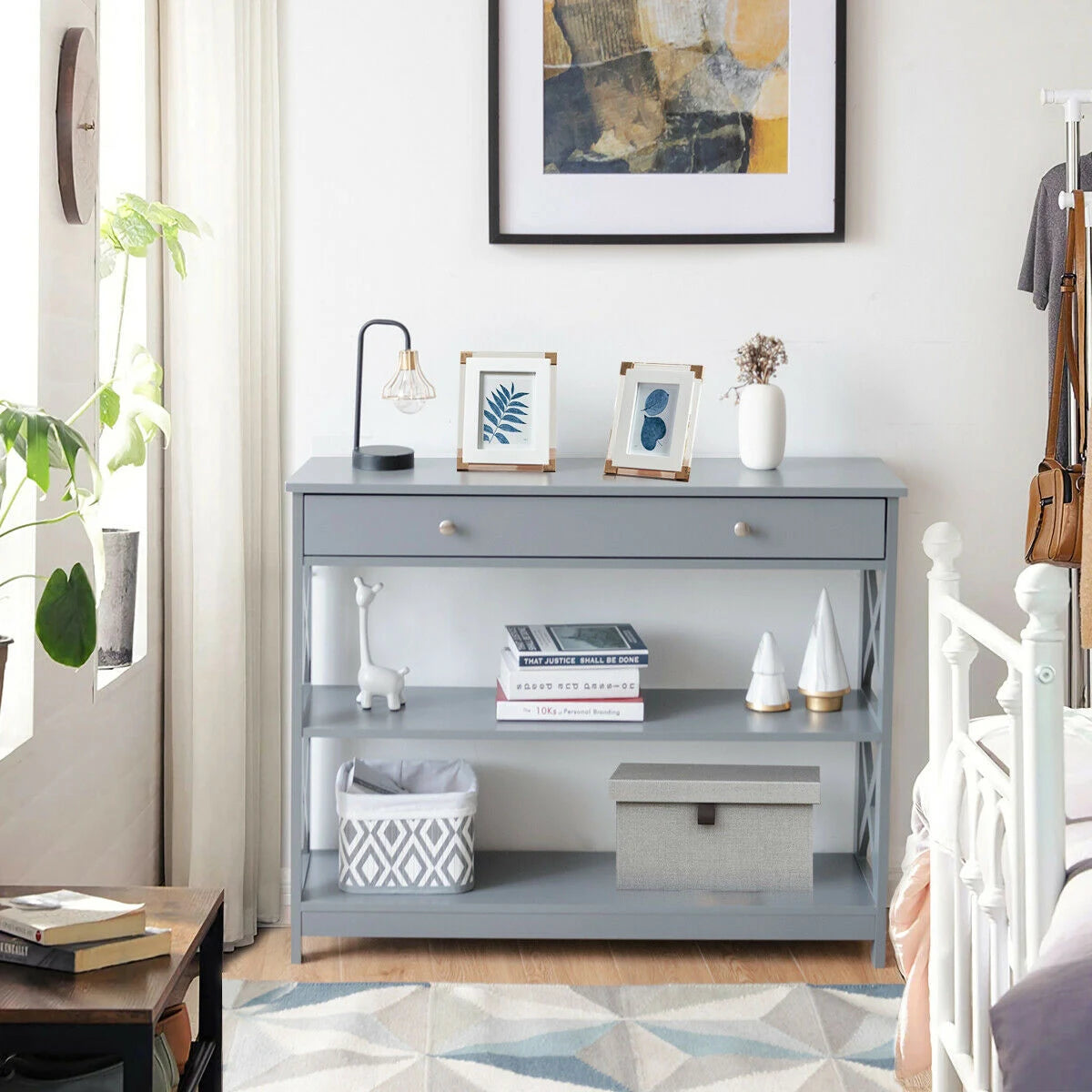 Console Table 3-Tier with Drawer and Storage Shelves-Gray
