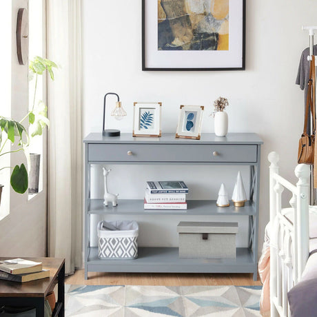 Console Table 3-Tier with Drawer and Storage Shelves-Gray