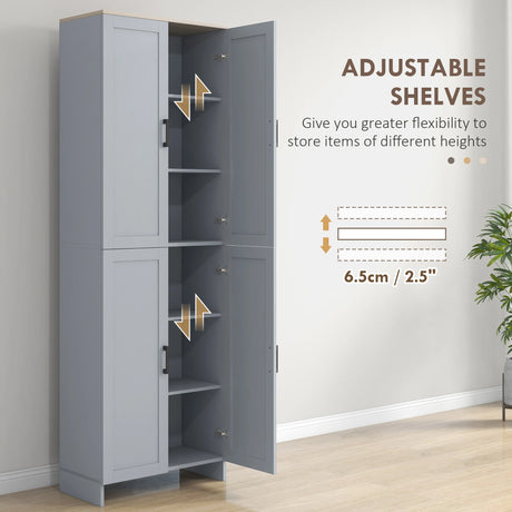 HOMCOM Freestanding Kitchen Cupboard, 4-Door Storage Cabinet with Adjustable Shelves, Modern Kitchen Pantry for Dining Room, 170cm, Grey
