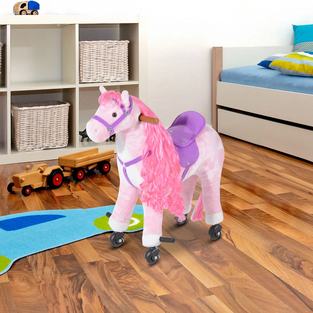HOMCOM Plush Walking Horse Ride On Toy with Wheels and Realistic Sounds Rocking Horse for Girls Boys 2+ Years Old, 50cm Tall, Pink