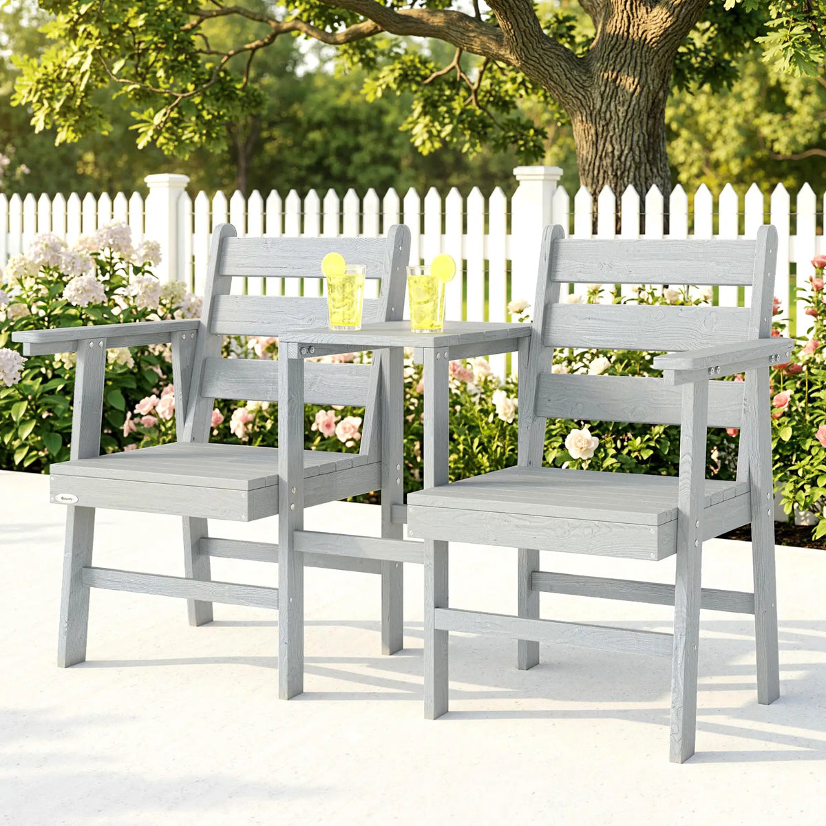 Outsunny Outdoor Garden Loveseat, Embossed Wooden Jack and Jill Garden Seat with Integrated Table, Grey