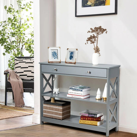 Console Table 3-Tier with Drawer and Storage Shelves-Gray