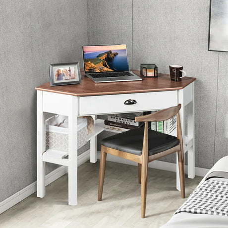 Corner Computer Desk with Drawer &amp; Shelves for Office Natural