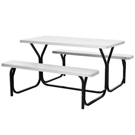 Picnic Table and Bench Set with Metal Frame and All Weather-resistant Surface for Backyard-White