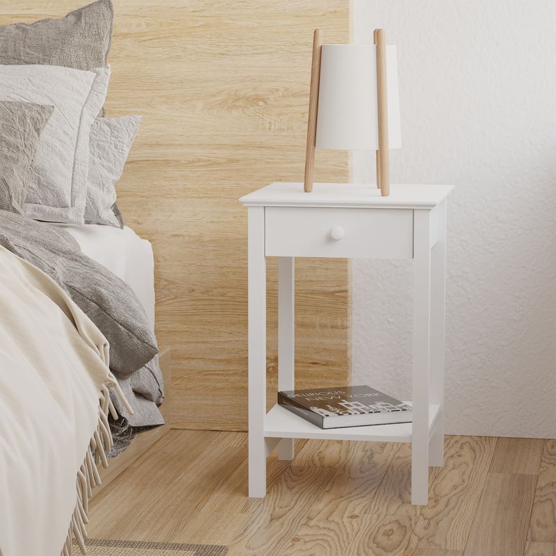 HOMCOM White Bedside Table, Wooden Side Table, Nightstand, Bedside Cabinet with Drawer and Storage Shelf for Bedroom and Living Room, Set of 2