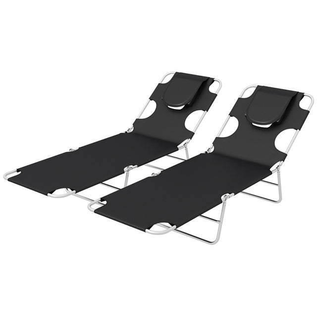 Outsunny Foldable Sun Lounger Set of 2, Beach Chaise Lounges with Reading Hole, Arm Slots, 5-Position Adjustable Backrest, Side Pocket, Pillow for Patio, Garden, Beach, Pool, Black