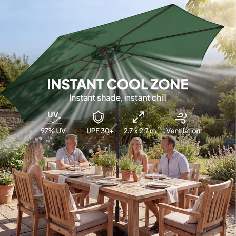 Outsunny 2.7 m Garden Parasol Umbrella with Cross Base and Sandbag, Retractable Ribs, Outdoor Table Market Umbrella, Green