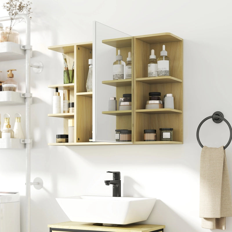 HOMCOM Bathroom Mirror Cabinet with Open Storage Shelves - Natural Wood Finish