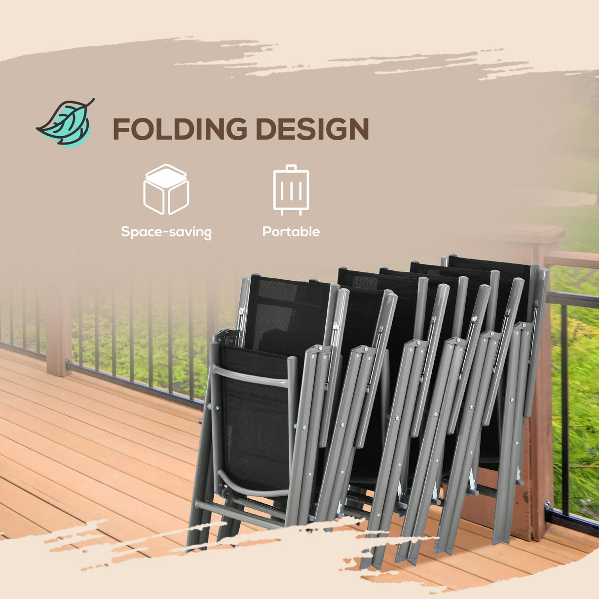 Outsunny 7 Piece Garden Dining Set, Outdoor Table and 6  Folding and Reclining Chairs, Aluminium Frame, Tempered Glass Top Table, Texteline Seats, Black