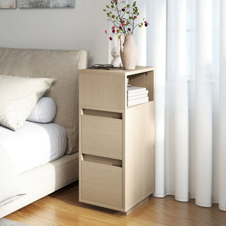 HOMCOM Slim Bedside Table, Narrow Bedside Cabinet with Open Shelf and 2 Drawers for Bedroom, Living Room, Natural Wood Finish