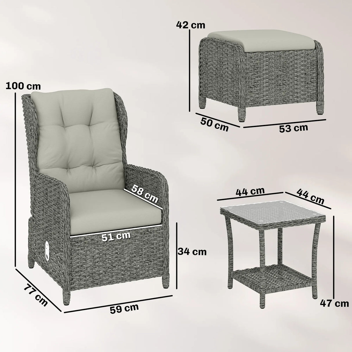 Outsunny 5 Piece Garden Furniture Set, Rattan Reclining Garden Chair Set of 2 with Footstool and Cushion for Balcony, Cream