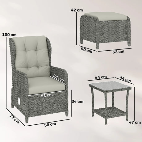 Outsunny 5 Piece Garden Furniture Set, Rattan Reclining Garden Chair Set of 2 with Footstool and Cushion for Balcony, Cream