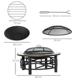 Outsunny 2-in-1 Φ84cm Metal Large Fire Pit, Outdoor Firepit Bowl with Grill, Spark Screen Cover, Fire Poker for BBQ, Garden, Bonfire, Patio, Black