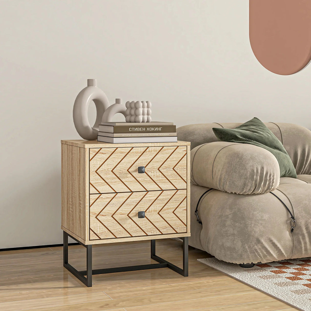 HOMCOM Bedside Table Nightstand Two-Drawer Bedroom Storage Unit Zig Zag Design with Black Metal Handles, Natural