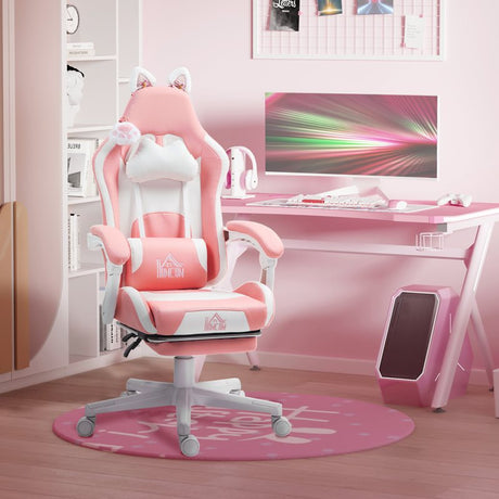 HOMCOM Cat Ear and Paw Reclining Office Chair, with Footrest - Pink/White