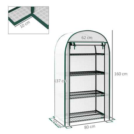 Outsunny 4 Tier Mini Greenhouse for Outdoor, Portable Gardening Plant Green House with Storage Shelf, Roll-Up Zipped Door, Metal Frame and PE Cover, 80 x 49 x 160cm, White