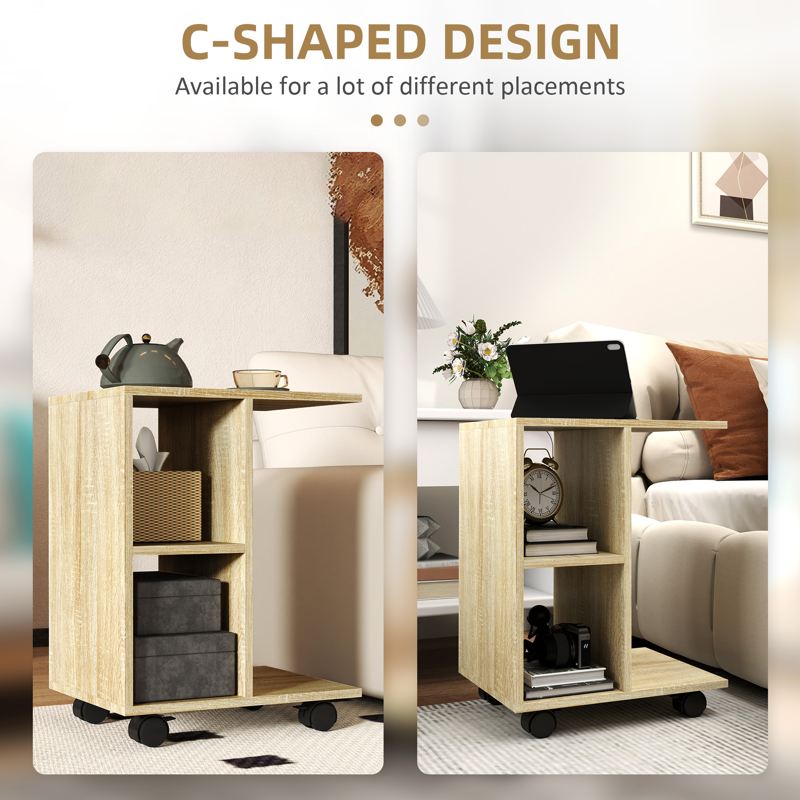 HOMCOM C-Shape End Table Unique Storage Unit w/ 2 Shelves 4 Wheels Freestanding Home Office Furniture Cabinet Square Studio Natural