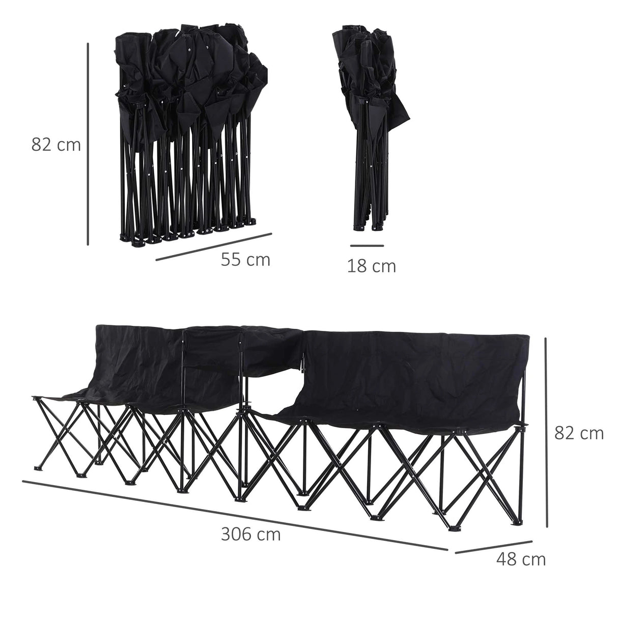 Outsunny 6 Seat Folding Sports Bench Portable Sports Team Bench Spectator Chair with Cooler Bag and Carrying Bag for Outdoor Picnic Camping - Black