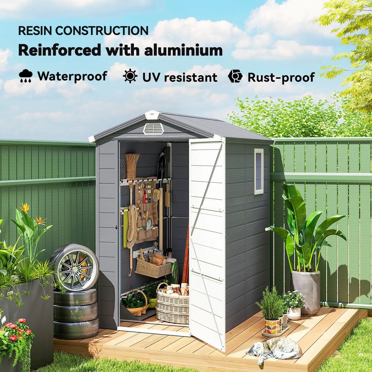 Outsunny 4.4ft x 6.2ft Aluminium Frame and Plastic Wall Shed, with Foundation - Grey