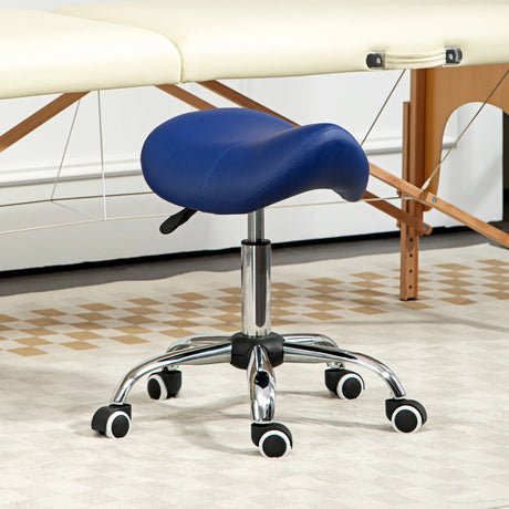 HOMCOM Saddle Stool, Height Adjustable Salon Chair for Massage Spa, Faux Leather, Dark Blue