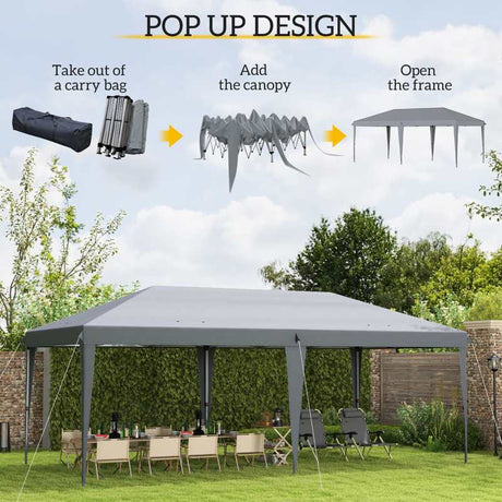 Outsunny 3 x 6 m Pop Up Gazebo, Foldable Canopy Tent, Height Adjustable Wedding Awning Canopy w/ Carrying Bag, Grey