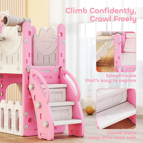 AIYAPLAY 7 in 1 Toddler Slide Set with Basketball Hoop, Climbing Frame, Telescope, Drawing Board, Storage Box, Pink