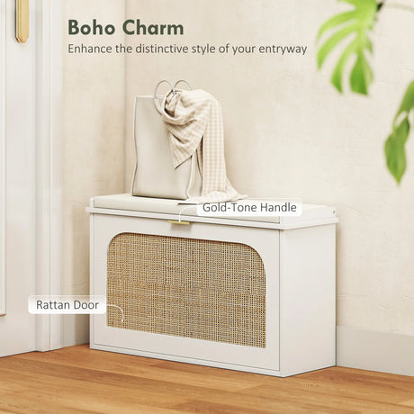 HOMCOM Boho Shoe Bench with Padded Seat and Flip-Drawer - White