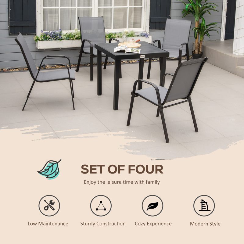 Outsunny 4 Pieces Garden Chairs, Stackable Outdoor Chairs with High Backrest and Armrest, Breathable Mesh Fabric Dining Chair Set of 4, Dark Grey