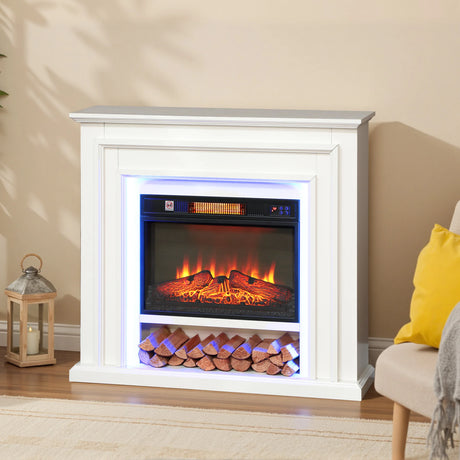 HOMCOM Electric Fireplace with RGB LED Lights, Realistic Flame Effect & 3 Brightness Levels, 1800W Inset Electric Fire and Mantel Reach up to 30 m2 Space with Remote & Timer for Living Room, White