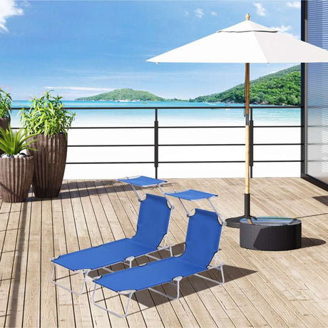 Outsunny 2 Pieces Outdoor Foldable Sun Lounger, 4 Level Adjustable Backrest Reclining Sun Lounger Chair with Angle Adjust Sun Shade Awning for Beach, Garden, Patio, Blue