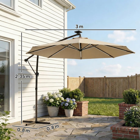 Outsunny 3 m Garden Cantilever Parasol with LED Solar Light, Round Overhanging Umbrella with 360 Rotation, Cover, Khaki
