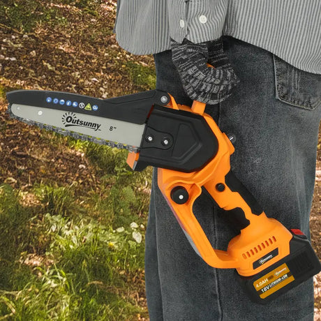 Outsunny 8 Inch Electric Chainsaw, Cordless Chain Saw with Brushless Motor, 2 4.0Ah Batteries and Safety Lock, Handheld Portable Wood Pruning Saw for Trimming Cutting, Orange