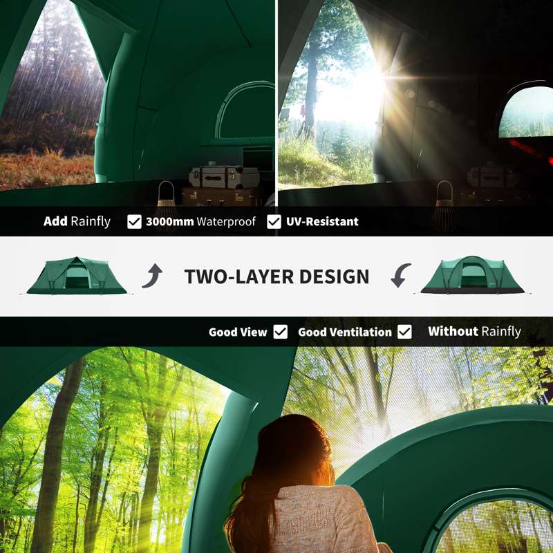 Outsunny 5-6 Man Dome Camping Tent Hiking Shelter UV Protection 3000mm Water Resistant Tunnel Tent - Dark Green