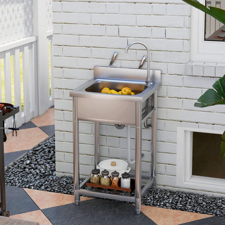 HOMCOM Outdoor Utility Sink, Free Standing Single Bowl Kitchen Sink with Cold and Hot Water Pipe and Storage Shelf for Laundry Garage, Silver Tone