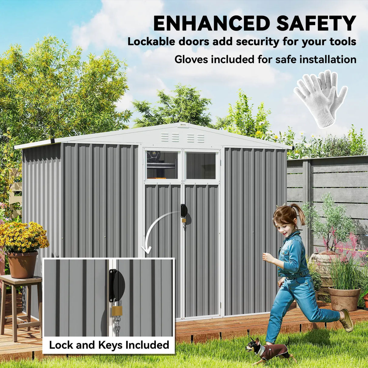 Outsunny 8 x 4 ft Metal Garden Shed, Garden Storage Shed with Window, 4 Vents and Lockable Door, Waterproof Galvanised Steel Tool Storage Shed, Light Grey
