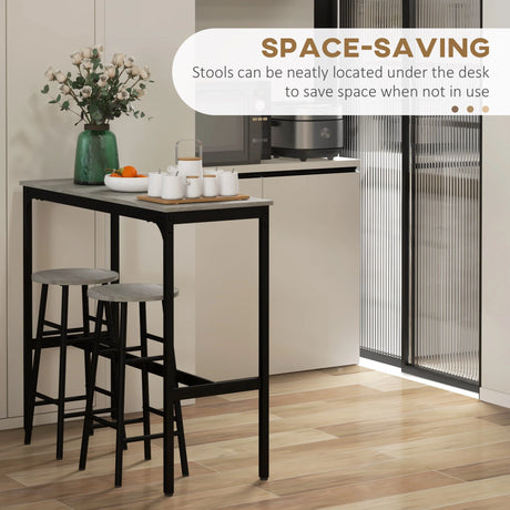 HOMCOM 3 Piece Bar Table Set with 2 Stools, Industrial Bar Table and Stool Set, Dining Table and Chair Set, Grey