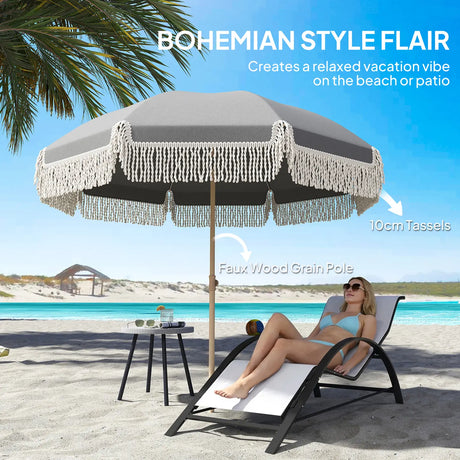 Outsunny 1.7 m Beach Umbrella with Sand Anchor, 30 Tilting Fringed Beach Garden Parasol with Adjustable Height, Grey