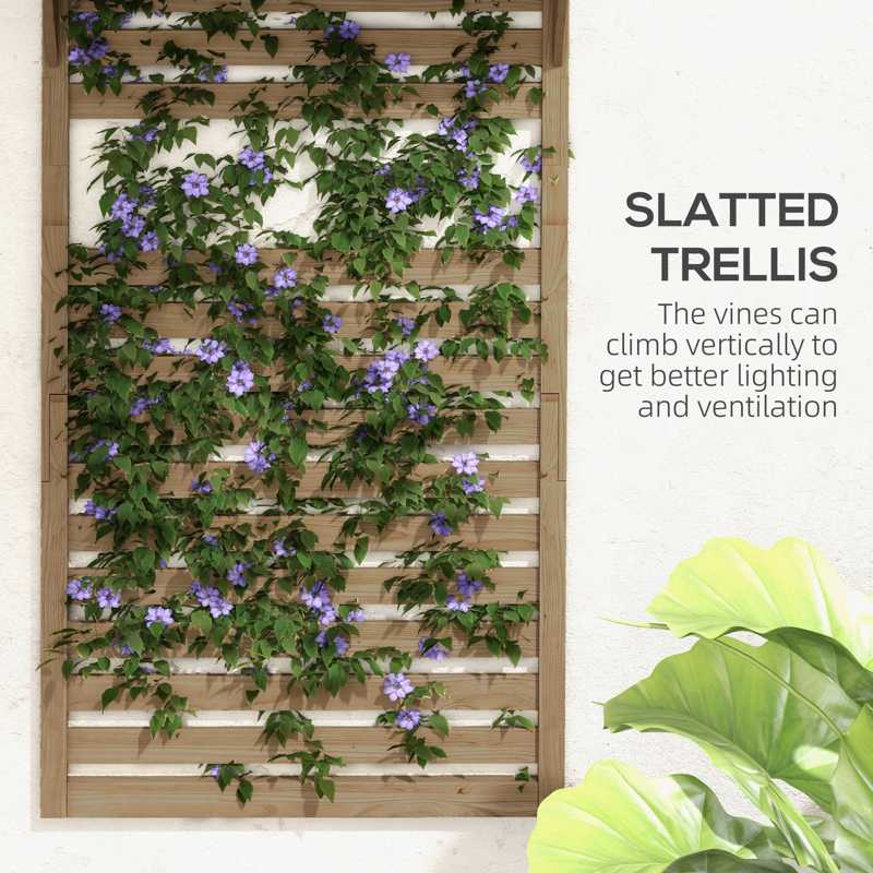 Outsunny Wall Mounted Plant Stands Set of 2, Fir Wood Flower Stand with Shelves and Slatted Trellis for Patio, Balcony, Porch