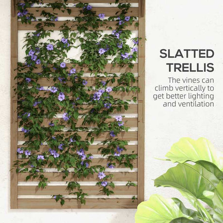 Outsunny Wall Mounted Plant Stands Set of 2, Fir Wood Flower Stand with Shelves and Slatted Trellis for Patio, Balcony, Porch