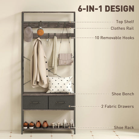 HOMCOM Coat Rack with Shoe Storage, Hall Tree, Industrial Coat Stand with Shoe Bench, 10 Removable Hooks, 2 Fabric Drawers and Clothes Rail for Entryway, Hallway, Grey