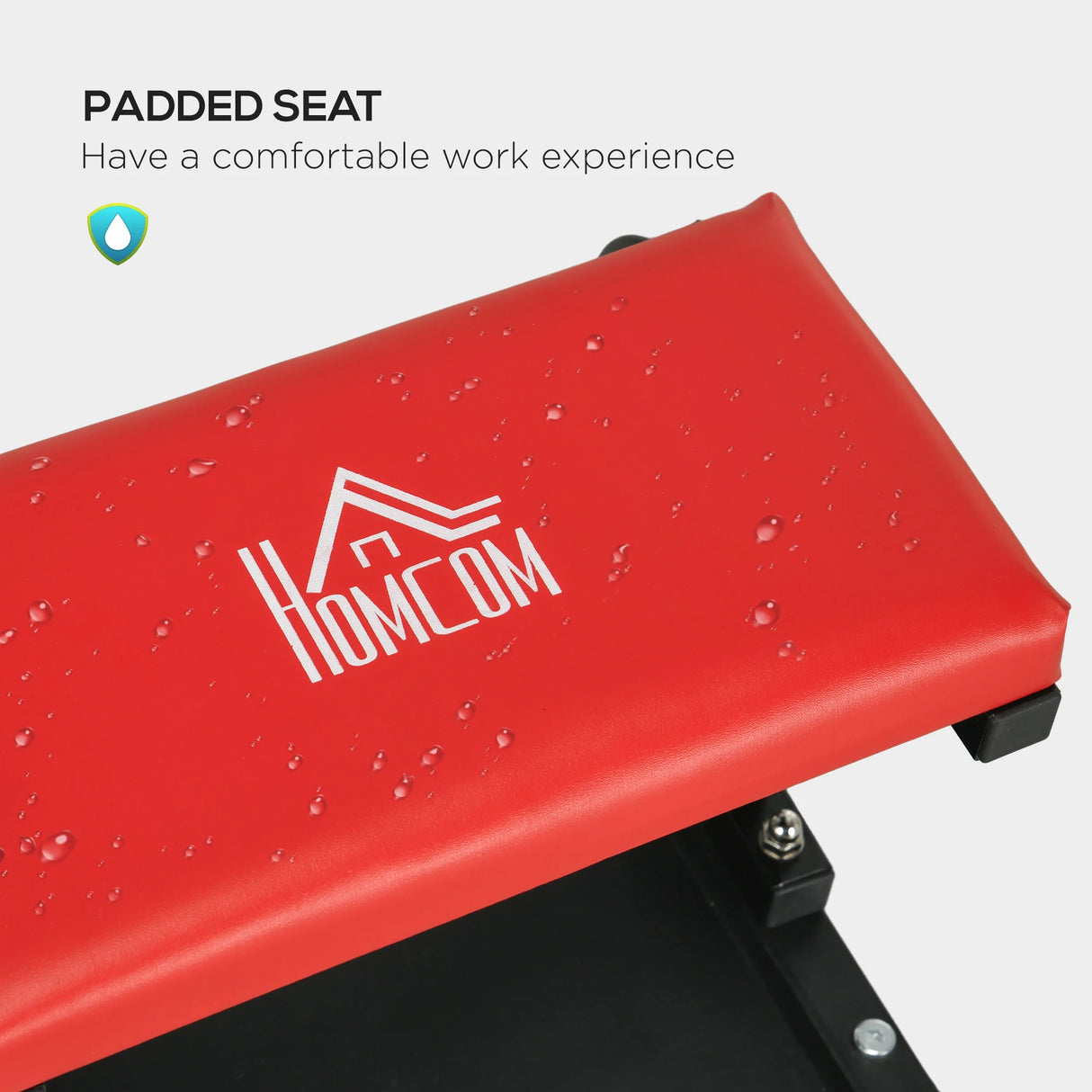 HOMCOM Workshop Stool, Rolling Machine Stool with 360 Swivel, Padded Seat, Tool Tray, Red