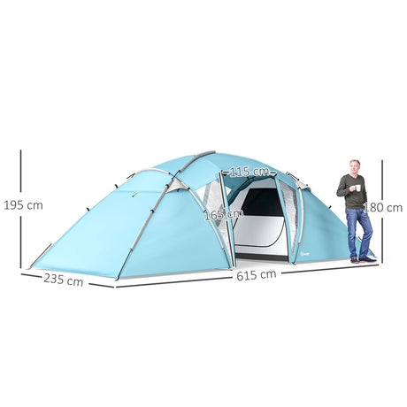 Outsunny 4-6 Man Family Camping Tent w/ 2 Bedrooms and a Living Room, Waterproof Tunnel Tent w/ Sewn In Groundsheet, Doors, Windows, Carry Bag, Blue