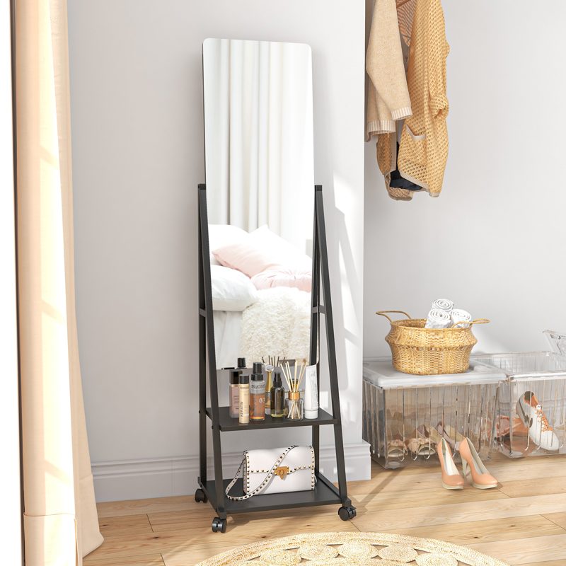 HOMCOM Free Standing Dressing Mirror, Rolling Full Length Mirror on Wheels with Adjustable Angle, Storage Shelves for Bedroom