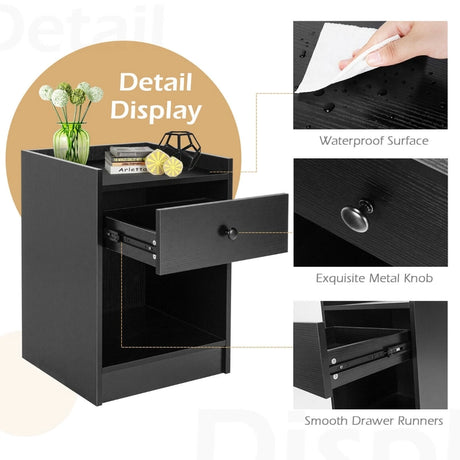 Set of 2 Nightstand with 1 Drawer and Storage Compartment