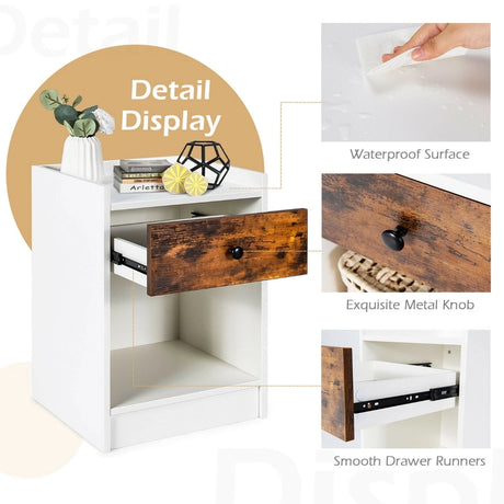 Set of 2 Nightstand with 1 Drawer and Storage Compartment